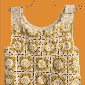 Crochet Patterned Yellow and Cream Women's Top